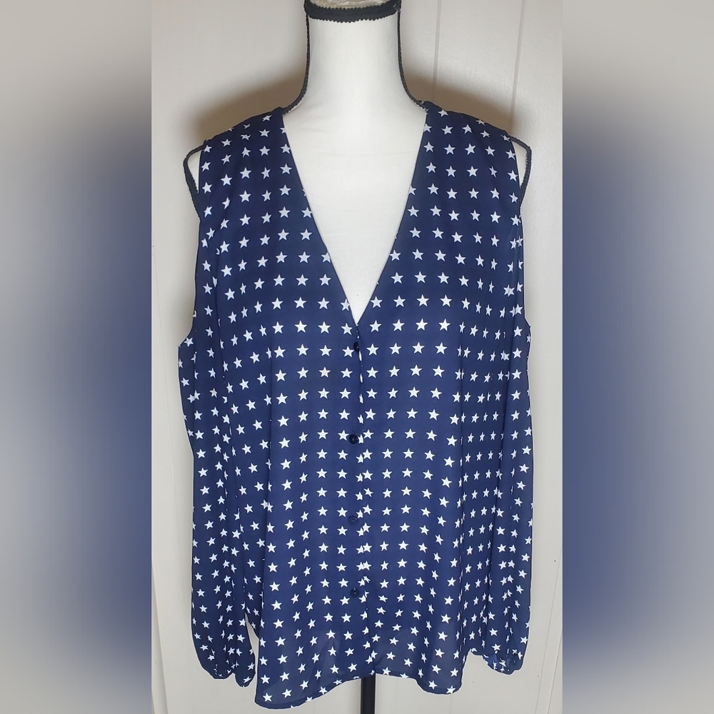 Lumiere‎ Blue/White Patriotic Stars Cold Shoulder Long Sleeve Blouse Size Large - Picture 2 of 12